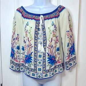 Flying Tomato Cream and Blue Tie Front Blouse